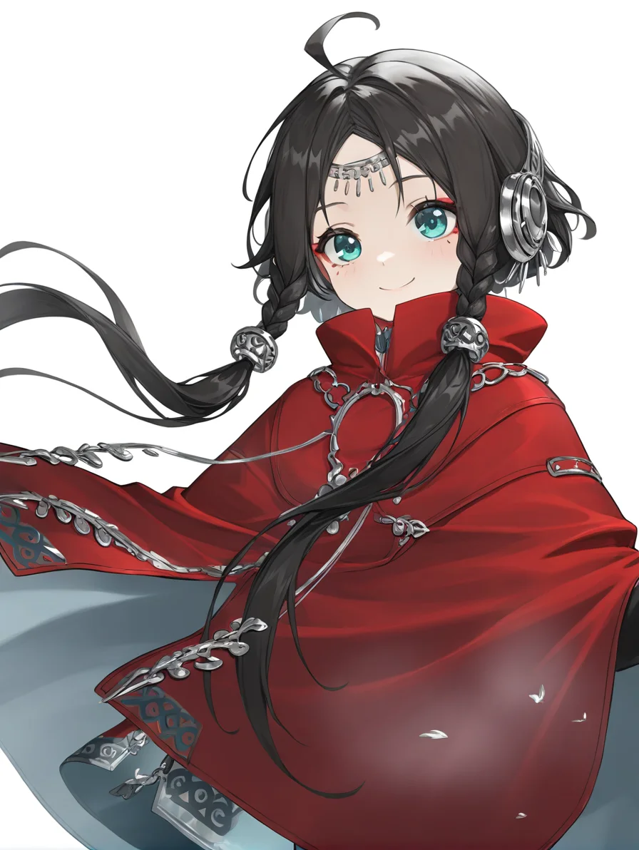 ,1girl,yinxi,cape,dress,hair ornament,red coat,solo,white background,simple background,upper body,smile,<lora:yinxi:1>, masterpiece, best quality, very aesthetic, absurdres