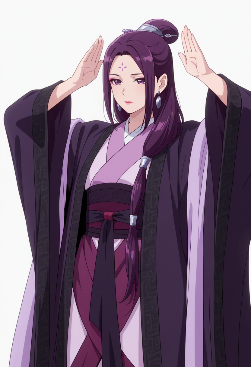 Smooth Quality,masterpiece,very intricate, high quality details, ultra realistic, high detailed skin,detailed enviorement,absurdres,
simple background, white background,solo,
front view,nervous,dancing, 
 <lora:Ah-Duo_CNR:0.8> ha_duo_cnr, 1girl, purple hair, long hair, purple eyes, forehead mark, single hair bun,hanfu, chinese clothes,kimono, robe, sash, shawl, long sleeves, wide sleeves,earrings,makeup, lipstick