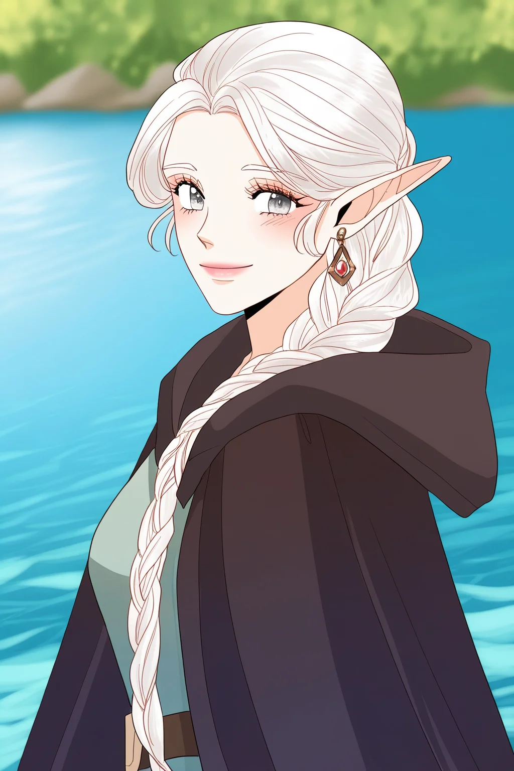 <lora:Remarried_Empress:1>, Remarried Empress, eyelashes, 1girl, pointy ears, looking at viewer, elf, solo, cloak, grey eyes, jewelry, braid, white hair, long hair, blurry background, hooded cloak, outdoors, smile, upper body, earrings, hood, closed mouth, cape, belt, day, hood down, blush, depth of field, water, fantasy,