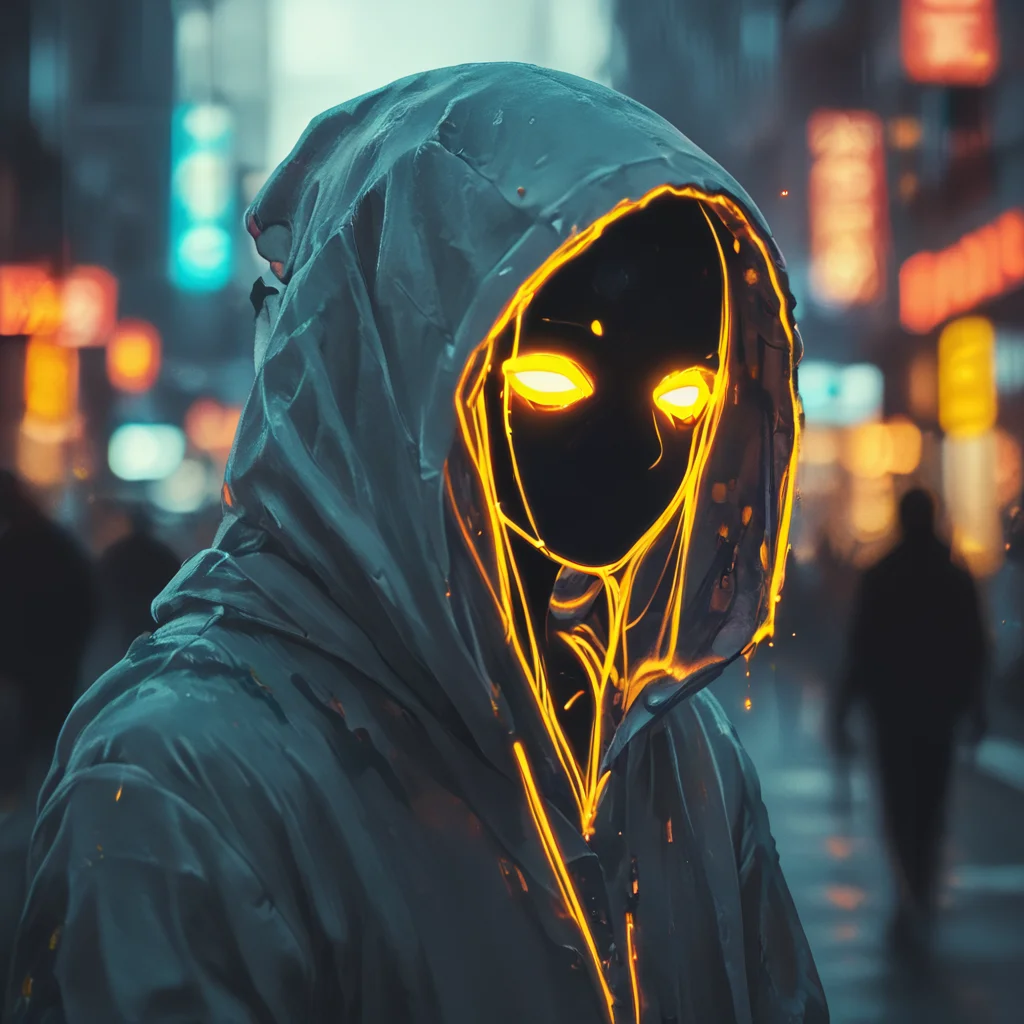score_9,score_8_up,score_7_up,
This is a digital artwork featuring a stylized, surreal depiction of a figure in an urban environment. The subject is a person wearing a hooded jacket, the hood pulled up, obscuring their face. The figure's head and face are rendered in a dark, featureless silhouette, except for the eyes, which are glowing bright yellow. These glowing eyes are the only visible features, giving the figure an eerie, otherworldly appearance.
<lora:halloween_x_cyberpunk-pony-9:0.8>