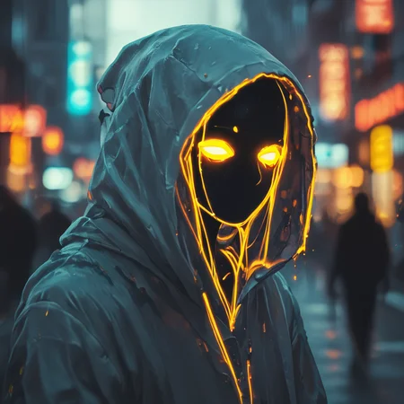 score_9,score_8_up,score_7_up,
This is a digital artwork featuring a stylized, surreal depiction of a figure in an urban environment. The subject is a person wearing a hooded jacket, the hood pulled up, obscuring their face. The figure's head and face are rendered in a dark, featureless silhouette, except for the eyes, which are glowing bright yellow. These glowing eyes are the only visible features, giving the figure an eerie, otherworldly appearance.
<lora:halloween_x_cyberpunk-pony-9:0.8>
