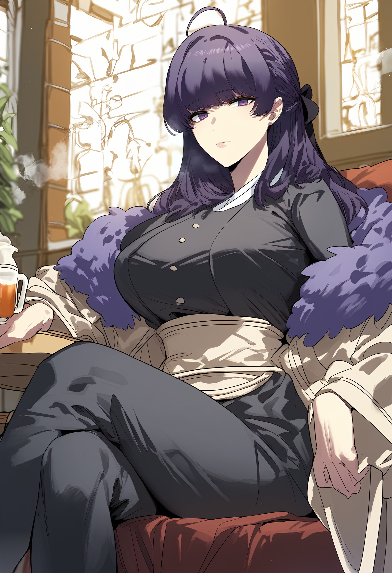 score_9, score_8_up, score_7_up, score_6_up, source_anime, rating_explicit, 1girl, solo, huge breasts, <lora:Anastasia Zelenskyponyxl:1> long hair, purple hair, purple eyes, ahoge, hair ribbon, black ribbon, sidelocks, purple fur trim, fur-trimmed coat, black dress, sash, wide sleeves, long sleeves, black pants, expressionless, Narrow shoulders, heavy breathing, steaming body, cafe, indoors, looking at viewer, sitting, on chiar, crossed legs, table