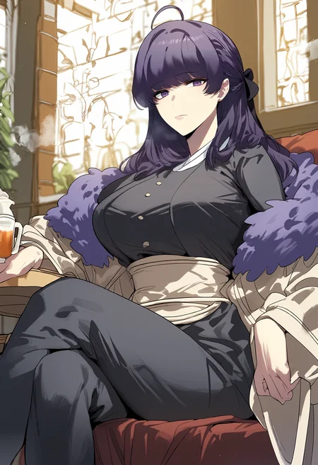 score_9, score_8_up, score_7_up, score_6_up, source_anime, rating_explicit, 1girl, solo, huge breasts, <lora:Anastasia Zelenskyponyxl:1> long hair, purple hair, purple eyes, ahoge, hair ribbon, black ribbon, sidelocks, purple fur trim, fur-trimmed coat, black dress, sash, wide sleeves, long sleeves, black pants, expressionless, Narrow shoulders, heavy breathing, steaming body, cafe, indoors, looking at viewer, sitting, on chiar, crossed legs, table