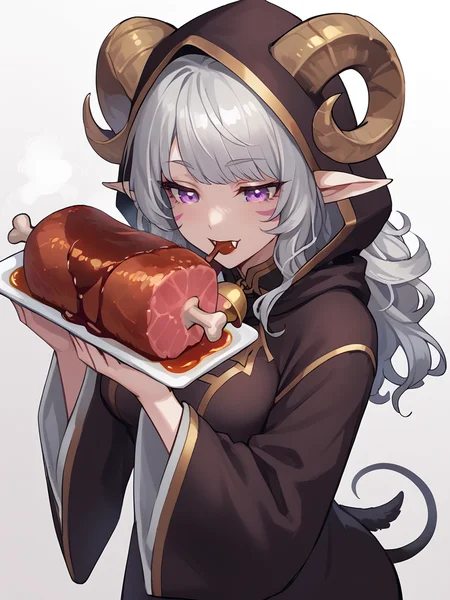 <lora:boned_meat_manga_meat:1> boned_meat, holding_food, fangs, holding boned_meat, steam on meat, eating,
source_furry, score_7_up, rating_safe, cowboy shot, gold necklace, tiefing, short pointed ears,brown horns, (a pair of brown sheep Horns that begin at her temples and curve back: 1.5), bangs,long silver hair long wavy hair, pale skin,<lora:whisker_markings:0.8> whisker_markings:1.4 , pointy ears, purple eyes:1.2, <lora:age_slider_v4:0.6> medium breasts, skinny female, close up, silver hair, <lora:Tieflingnew weird fantasyDND:0.3> Tiefling, pointed ears, horns, from above, half-closed eyes:1.5,<lora:Smooth Style 2 SDXL_LoRA_Pony Diffusion V6 XL:0.5> shepherd's crook, bell, robe, hood off, <lora:Nanoless_Artist_Style_PonyXL:0.3>