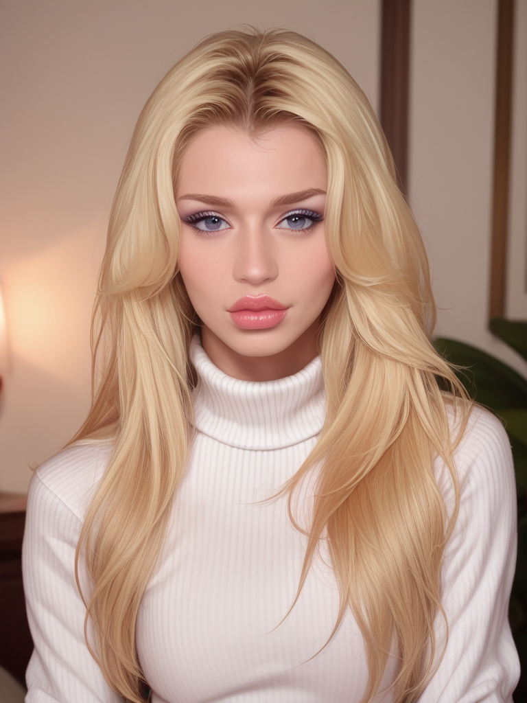 score_9, score_8_up, score_7_up, Danyelle3V4ngelista , Danyelle Evangelista,<lora:Danyelle3V4ngelista-000009-pony:1>, 1girl, makeup, lips, long hair, blonde hair, big lips, white sweater, solo, looking at viewer, bokeh, focus, film, velvia, artistic, best quality, photograph, focus