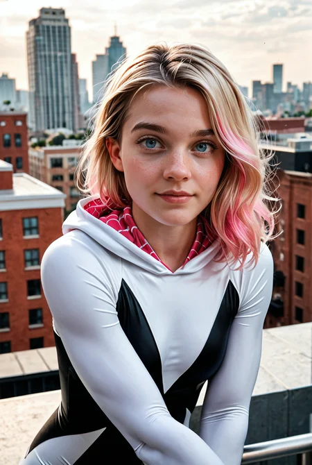 score_9, score_8_up, score_7_up, score_6_up, Spider Gwen, blonde hair, pink hair, female superhero, very beautiful, red and black and white costume,[photorealistic, realistic],blue eyes,teen,pink highlights,roof top of a building background,