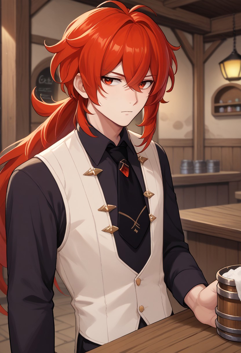 score_9, score_7_up, source_anime 
diluc, 1boy, male focus, solo, red eyes, red hair, long hair, ponytail, bangs, hair between eyes, antenna hair, shirt, black shirt, collared shirt, necktie, black necktie, vest, white vest, 
indoor, tavern,