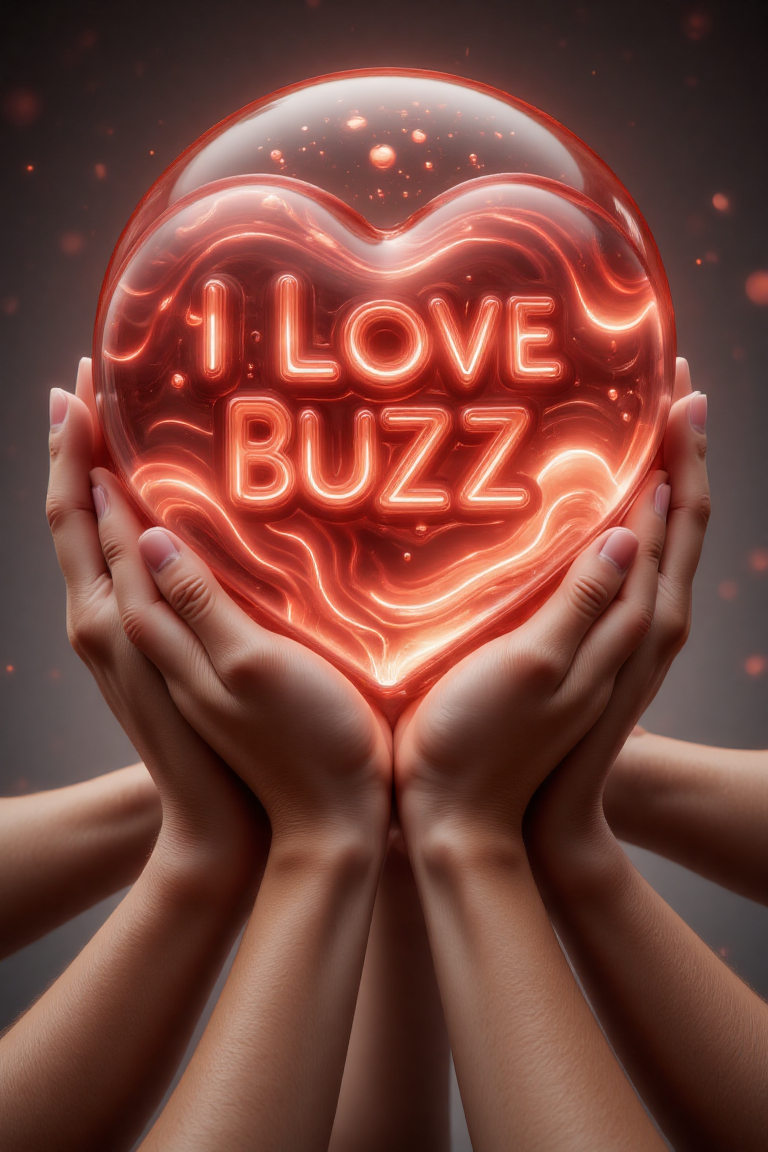 "A hyper-realistic digital artwork of diverse hands stacked together with palms facing upward, symbolizing unity and offering. At the center of the hands rests a very large, beautiful, translucent heart-shaped crystal ball, radiating soft light. Inside the crystal ball are two lines of glowing text: the first line reads 'I LOVE BUZZ,' and the second line says 'Civitai forever' Use a smaller, elegant font to ensure all the text fits perfectly inside the crystal ball, with no typos. The background is softly blurred, drawing focus to the hands and the crystal ball, creating a sense of harmony and inspiration.",magic crystal ball,translucency