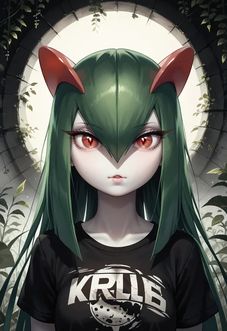 (((Kirlia))), female, anthro, pale white skin, score_9,score_8_up,score_7_up, masterpiece, best_quality, ultra-detailed, masterpiece, 1girl, solo, kirlia, black hair, very long hair, red eyes, cute, perfect face, thick eyeliner, hourglass body, high quality, low light, dramatic lighting, darkness, intricate details, portrait, ((face focused)), wearing ripped dirty black t-shirt, detailed background, post-apocalypse background, ruined house, overgrown with plants, (perfect eyes:1.3,((cat pupils))),dvr-lnds-sdxl, combinestyle