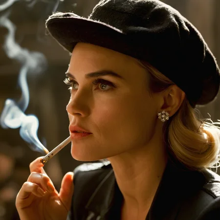 cinematic film still of <lora:detailed:0.2> 
<lora:perfection style:0.2>
<lora:Ron Fricke style:0.1>
 <lora:Inglourious Basterds film style:0.9>
Diane Kruger Bridget von Hammersmark a profile view of a woman in a hat smoking a cigarette,1girl,solo,blonde hair,hat,holding,jewelry,earrings,hair bun,nail polish,blurry,lips,depth of field,blurry background,smoke,cigarette,realistic,smoking , 1940's, Inglourious Basterds film style, shallow depth of field, vignette, highly detailed, high budget, bokeh, cinemascope, moody, epic, gorgeous, film grain, grainy