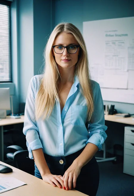 Analog photo, a beautiful 30 year old woman dressed in a completely revealing way, shy at work, glasses, office, long blonde hair, blue eyes,,(((full body))), ((photorealistic:1.5)), ((Hasselblad X1D II)), in lomostyle, film grain, subsurface scattering, HDR, chromatic aberration, volumetrics dtx,