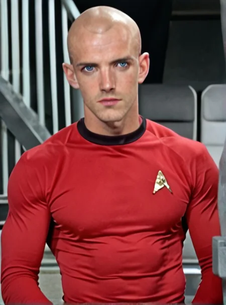 1boy, 20 year old male, Handsome, masculine, blonde, star trek, red shirt, muscle, tall, tight shirt, wide pectorals, big shoulders, wide shoulders, muscular neck, German, bald, big pale blue eyes,
stunf, star trek uniform,