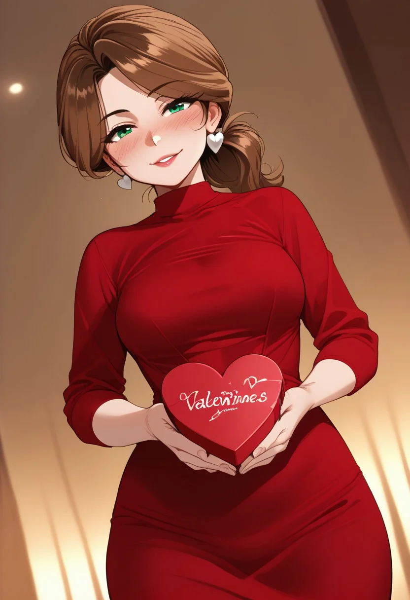 <lora:ratatatat74_style_pdxl_goofy:1>, 1girl, solo, score_7_up, mature mother, caramel hair, ponytail hair, green eyes, tanline, (flirty expression:1.2), depth of field, (valentines costume), night valentines setting, dutch angle, ht_sanjimerisa, sfw, safe for work