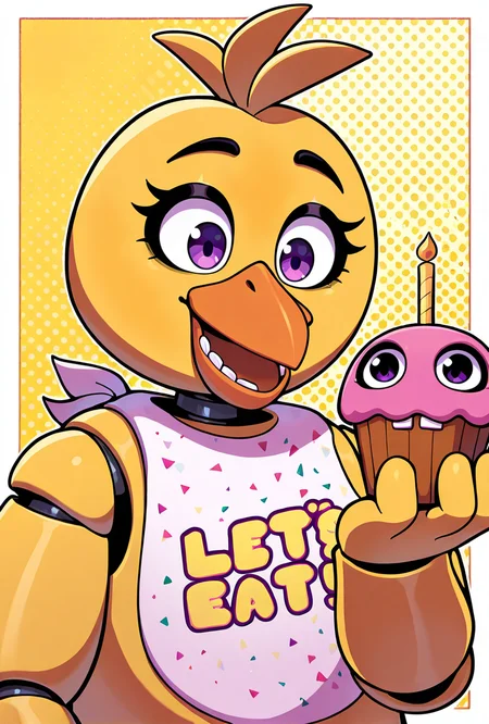 <lora:chica-10:1> chica, 1girl, beak, bib, purple eyes, joints, animatronic, yellow background, holding cupcake, (teeth), smile, closed mouth, arms, dynamic pose, , cartoon,, masterpiece, best quality, amazing quality, very aesthetic, absurdres, newest,, upper body, halftone effect, white borders, abstract background:1.2,
