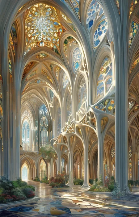 masterpiece,best quality,<lora:tbh303-sdxl:0.9>,illustration,designed by Vincent Callebaut Gothic revival cathedral with intricate spires and stained glass windows, bathed in moonlight