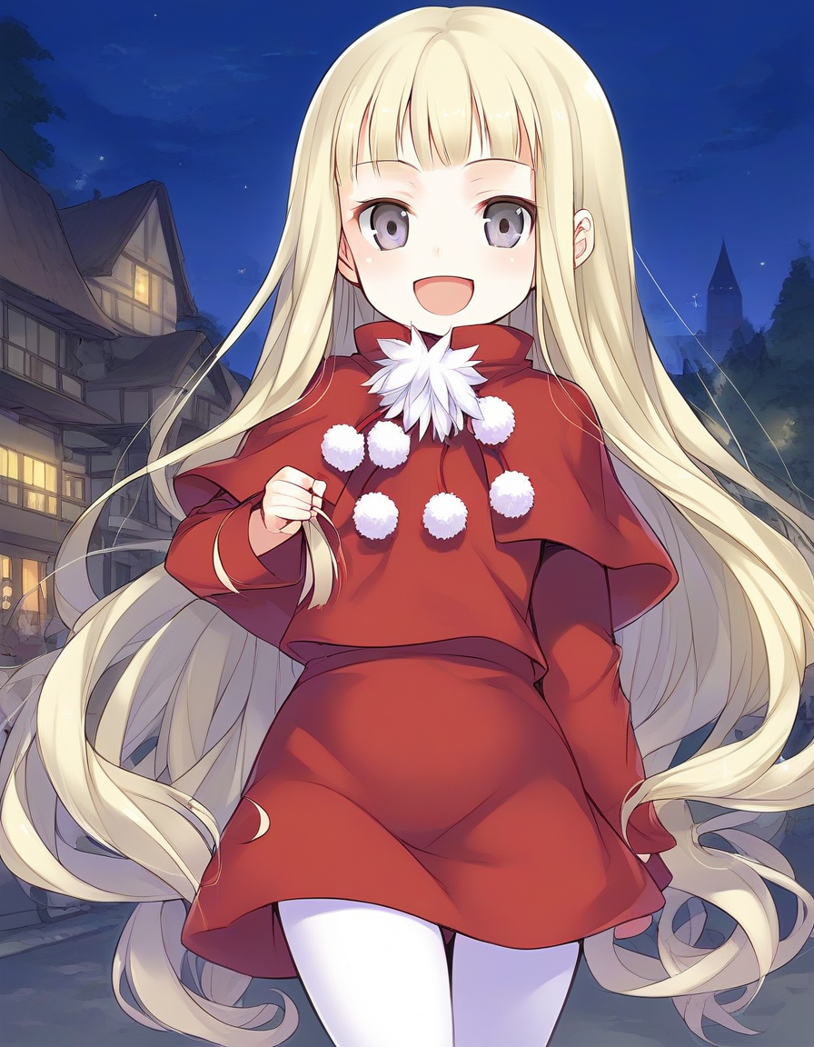 score_9, score_8_up, score_7_up, source_anime, rating_explicit, BREAK  <lora:Belfraw_Martini_Ver2.0_XL:1> Belfraw_Martini, 1girl, solo, very long hair, blonde hair, grey eyes,  bangs, short stack, 
1girl, solo,  open mouth,  pom pom (clothes), capelet, sky, :d,  long sleeves, white pantyhose, red skirt,
outdoor, town, tree, night,
smile,
looking at viewer, 
cowboy_Shot,