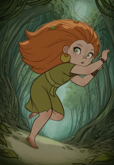 handsfree, masterpiece, best quality, amazing quality, very aesthetic, 1girl, solo, outdoors, forest, full body, looking at viewer, dynamic pose, dynamic angle,
mebh_girl, green eyes, long hair, orange hair, barefoot, earrings, jewelry, leaf, freckles, dirty feet,