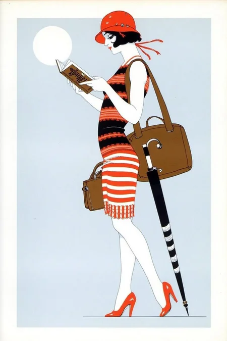 ernestogarciacabral1 illustration.
A woman, shown in side profile, is wearing a red hat and a striped dress. She is reading a book and carrying a shoulder bag and an umbrella. <lora:ernestogarciacabral1_cap_d6a3:1.0><lora:849839484001329722:0>