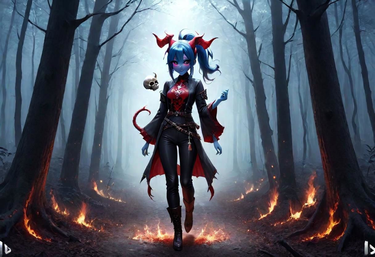 dark brown pants, highres,best quality,ponytail, full body,short height,happy,(purple eyes),photograph,realistic lighting,cute face,1girl,red tips on hair,red skin, fantasy world,in the forest, warlock,demon horns,skull logo, DonMD3m0nXL,blue skin:1.4, yellow eyes, anime style,blue flame,flames around hands,fantasy adventure outfit,fighting stance