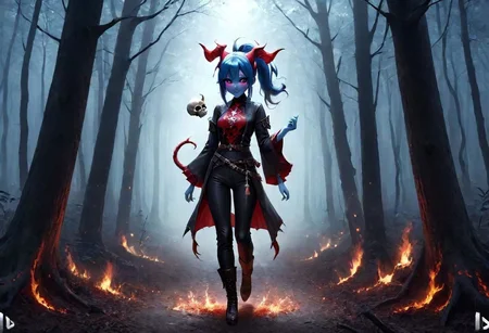 dark brown pants, highres,best quality,ponytail, full body,short height,happy,(purple eyes),photograph,realistic lighting,cute face,1girl,red tips on hair,red skin, fantasy world,in the forest, warlock,demon horns,skull logo, DonMD3m0nXL,blue skin:1.4, yellow eyes, anime style,blue flame,flames around hands,fantasy adventure outfit,fighting stance