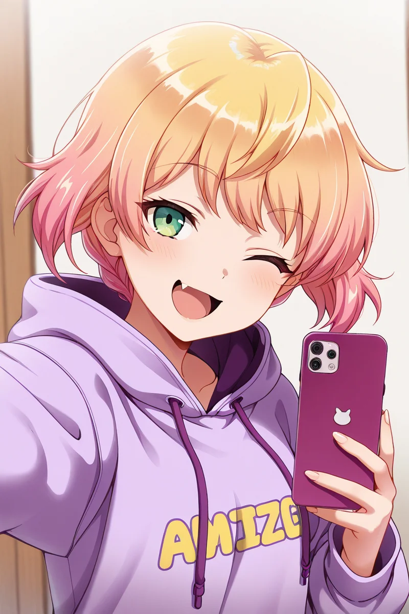 masterpiece, best quality, amazing quality,
<lora:Minku_IL:1> minku, green eyes, one eye closed, phone, 1girl, blonde hair, smile, cellphone, hoodie, hood, short hair, fang, holding, holding phone, selfie, smartphone, open mouth, ;d, multicolored hair, purple hoodie, pink hair, solo, gradient hair