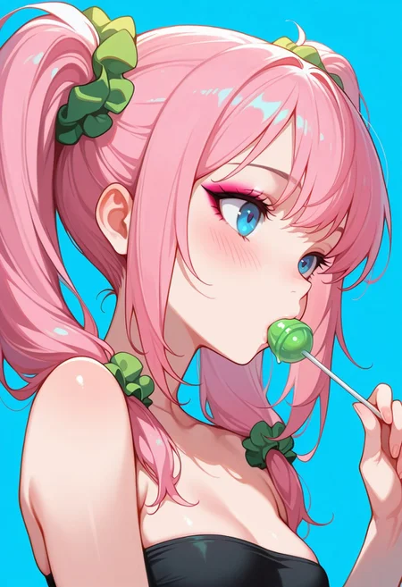masterpiece, best quality, 1girl, solo, skinny, flat breasts, blue eyes, (pink candy hair, two pigtails), green elastic scrunchie, makeup, blush, black tube top, sucking green lollipop, lollipop in mouth, holding, portrait, blue background,
gdv2-illu