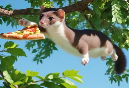 score_9, score_8_up, score_7_up, score_6_up, score_5_up, score_4_up, fur, animal weasel, g5, rich colors, front view, detailed background, detailed, 8k quality, side view, beautiful, teasing, freely actions, small, sausage tree, flying pizza like a cacomistle, pizza,