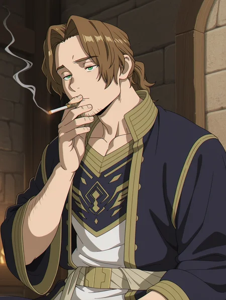 masterpiece, best quality, amazing quality, 1 boy, bara, solo, green eyes, Sein, upperbody, smoking, robe