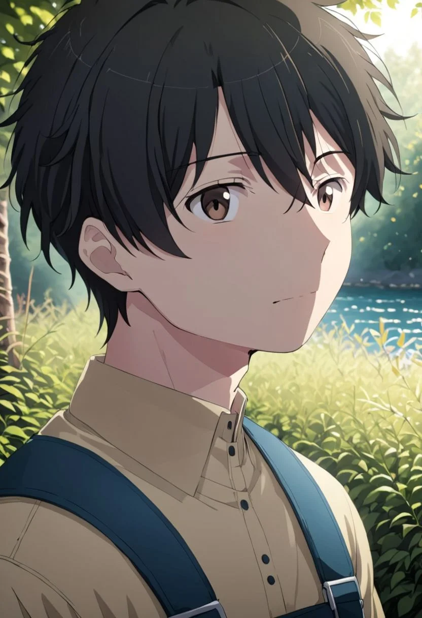 high resolution, solo, best quality, 1Boy, Inaho Kaizuka, Black hair, Brown Eyes, portraits, proud, outdoor, Half Body, Depth Of Field, OverallDetail
