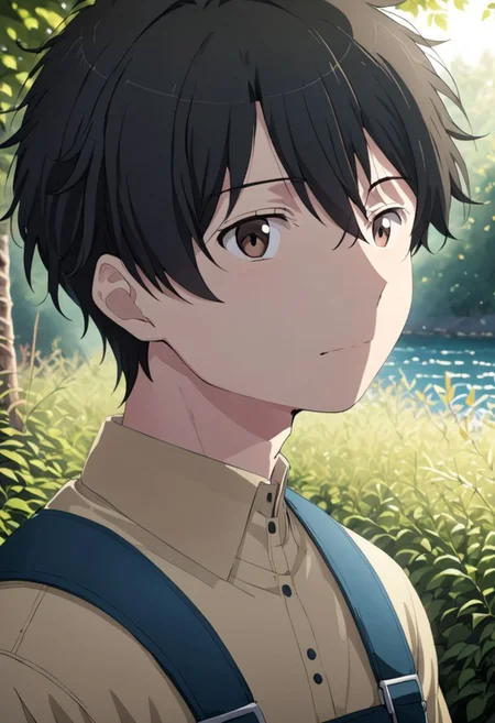 high resolution, solo, best quality, 1Boy, Inaho Kaizuka, Black hair, Brown Eyes, portraits, proud, outdoor, Half Body, Depth Of Field, OverallDetail