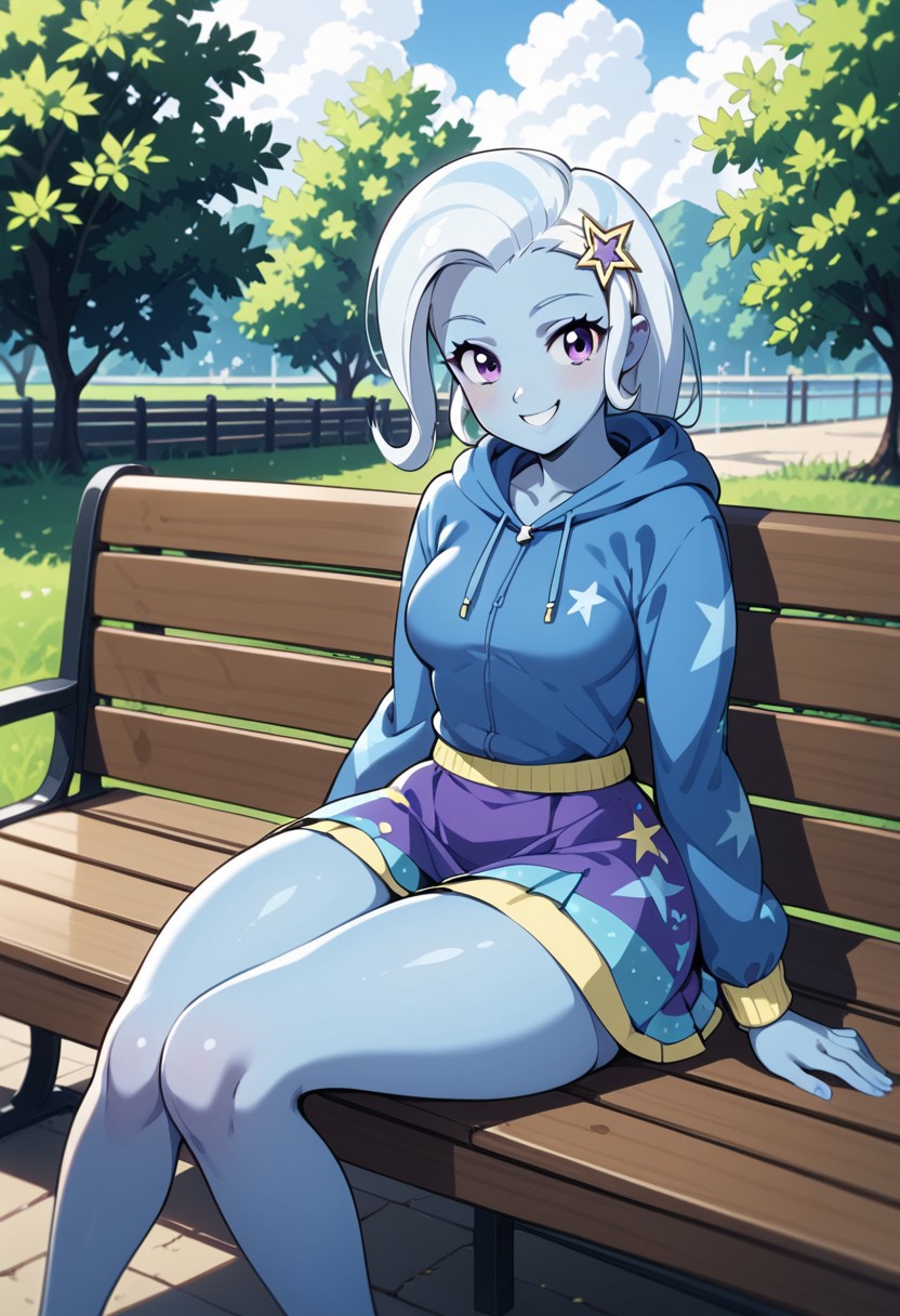 score_9, score_8_up, score_7_up, deep skin, flat color, skindentation, source_anime, high quality, highres, (curvy), ((wide hips)),, thick thighs, cute, , sexy, (medium breasts), 1girl, solo, MLPEGTrixie, 1girl, colored skin, blue skin, star hair ornament, blue hoodie, hood down, purple skirt, white hair, long hair, purple eyes, two-tone skirt, hair ornament, smile, outside, sitting, bench