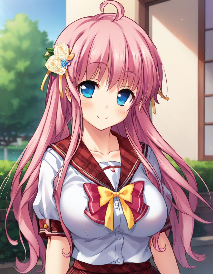 score_9,score_8_up,score_7_up,score_6_up BREAK official art,solo,outdoors,upper body,(portrait:1.5),looking at viewer,facing viewer,smile,blush,Nanase Momoka,ahoge,long hair,pink hair,hair flower,hair ornament,sidelocks,bangs,blue eyes,red sailor collar,plaid sailor collar,pink bow,yellow ribbon,white shirt,short sleeves,large breasts,red skirt,plaid skirt,frilled thighhighs,white thighhighs,loafers,<lora:Nanase Momoka(ip2)-Pony:1.5>,