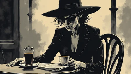 d4rkc0mic . A mysterious woman in a wide-brimmed hat and dark sunglasses sits at an outdoor cafÃ©, sipping coffee. Sheâs reading a newspaper, but her eyes occasionally flicker to the street, as if expecting someone. Her posture is elegant, but her presence is enigmatic
  <lora:dark-comic:0.8>