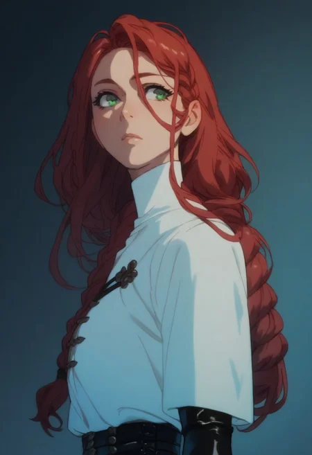 Score_9, score_8_up, score_7_up, score_6_up, 1girl, 20years old, Beautiful woman, long hair, red hair, white tunic, leather boots, uniform, single braid, green eyes, saimin