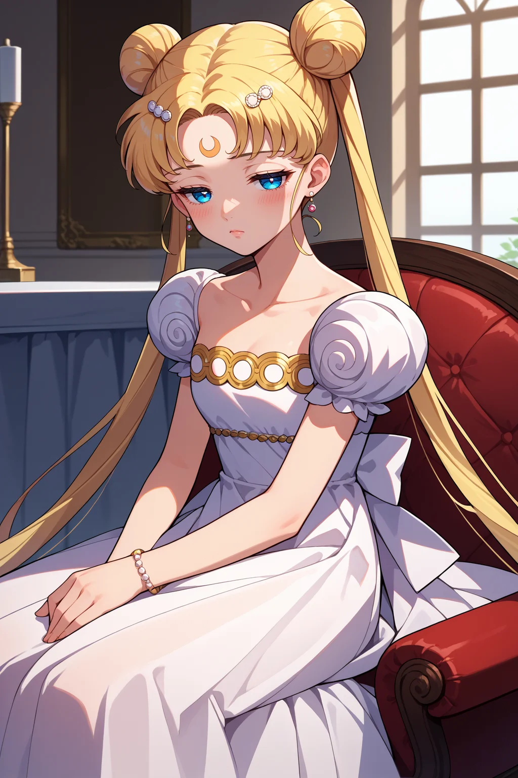 score_9, score_8_up, score_7_up, score_6_up, source_anime, 1girl, solo, <lora:sailormoon-pdxl-nvwls-v1_1-000005:1> slrmn, twintails, double bun, blonde hair, blue eyes, very long hair, parted bangs, forehead mark, white hairpin, earrings, white gown, puffy sleeves, strapless dress, short sleeves, hairclip, bracelet, half-closed eyes, blush, sitting, fancy chair, mansion, white walls