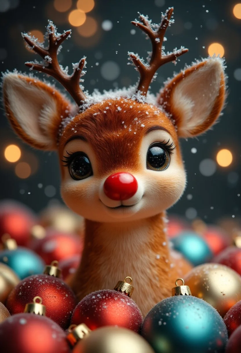 This adorable image features a close-up of a reindeer with large, expressive eyes. The reindeer's fur is a warm brown, and its antlers are adorned with a dusting of snow. It has a bright red nose, adding to its festive charm. The reindeer is surrounded by a collection of Christmas ornaments, including red, gold, and blue baubles. The image is set against a blurred background of twinkling lights and falling snowflakes, creating a magical and enchanting atmosphere. The overall effect is one of joy, wonder, and the spirit of the holiday season.