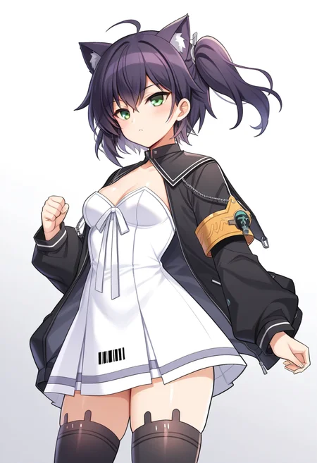 <lora:dhanadefaultoutfitcolsedcollar_IXL-10:0.95>,<lora:dhanaopini_IXL-10:0.7>,(artist:maett:0.9),(artist:kyjsogom:0.86),dhanasdefaultoutfit,1girl,dhanaopini,purple hair,one side up,grey eyes,white strapless dress,black jacket,closed collar,armband,
shiny,solo,small breasts,masterpiece,best quality,short hair,bar code,animal ear legwear,black thighhighs,fighting stance