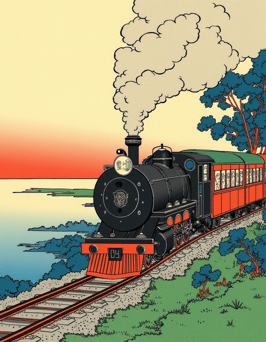 Ukiyo-e style by Hokusai, a classic train steaming through a countryside, passengers looking out the windows, in the nostalgic style