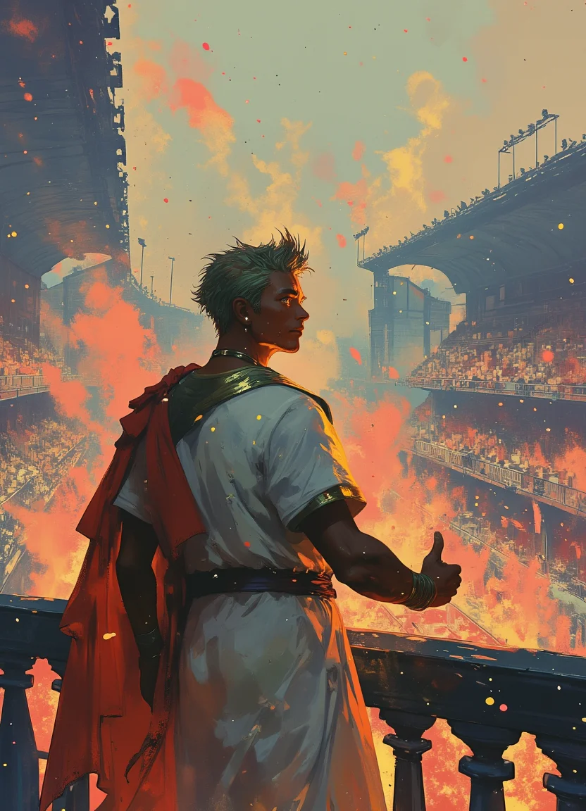 Bathed in cinematic lighting, a lone man stands on a grand balcony overlooking the roaring arena below. He is an old Roman emperor, his wrinkled face marked with the wisdom—and arrogance—of countless victories. With a strong jawline and light brown hair crowned by a green laurel wreath, he strikes a commanding side profile. Draped in a pristine white toga with a bold red sash cascading over his shoulder, he raises his hand in a decisive thumbs-up gesture. His expression is smug, looking down upon the spectacle with a mix of superiority and detached amusement, the embodiment of imperial power in its most theatrical form.