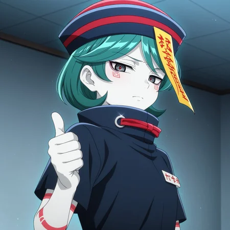 masterpiece,best quality,masterpiece,best quality,amazing quality,good quality, absurdres,anime coloring,multicolor, flat color,beautiful eyes,detailed eyes,detailed pupils,perfect face,perfect eyes,solo,1boy,upa (nanbaka),jiangshi,white skin, green hair,short hair,black eyes,qing guanmao,ofuda,talisman,black shirt,short sleeves,half-closed eyes,closed mouth,thumbs up,looking at viewer,upper body portrait