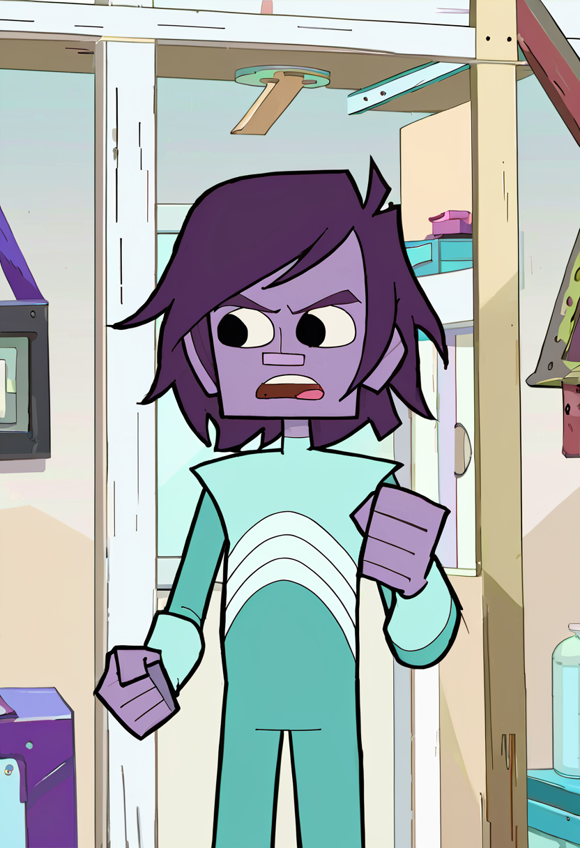 <lora:TwelveForever_Todd_Pony:1.0>, todd \(endless\), purple skin, clenched hand, open mouth, todd, twelve forever, 1boy, solo, short hair, black eyes, storage room, masterpiece, best quality, score_9, score_8_up, score_7_up