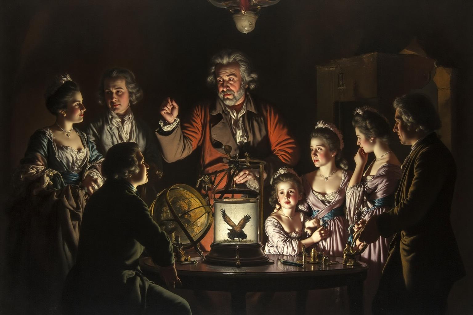 josephwright1 painting. 
A group of people gathers around a table filled with scientific and historical artifacts in a dimly lit room, their faces illuminated by a single light source.
The central figure is a man with messy gray hair, his hand raised over a glass chamber with a bird inside. The table contains a globe, a large glass beaker, and scientific instruments. The people wear clothing from the 18th century.
On the left, a couple stands and talks.
On the right, a father talks with his two young daughters.
 <lora:josephwright1_cap_d6a3e12:1.0><lora:849100293286139622:0>