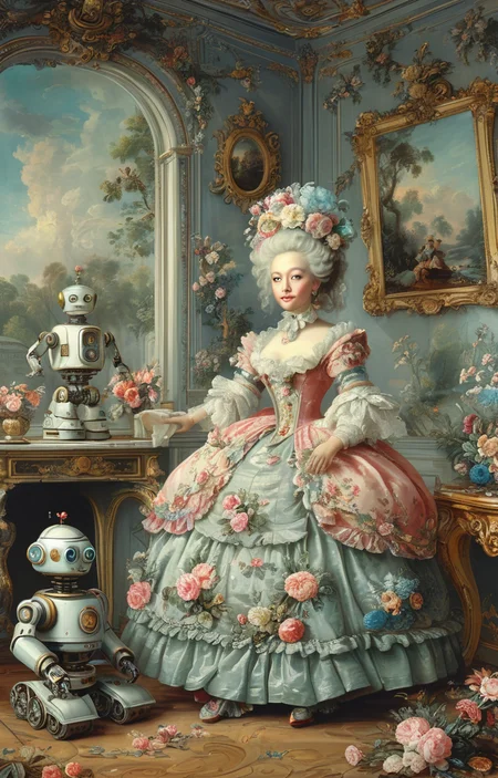 masterpiece,best quality,<lora:tbh356-sdxl:0.6>,illustration,style of patten of Rococo portrait of Housework robots