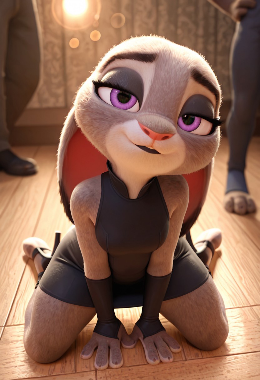 masterpiece, best quality, absurdres, highres, high quality, highly detailed, amazing quality, detailed background, 3d, photorealistic, (bokeh:1.3), official art, Hoovesart, 3d, gloss_(hotglossed), 
solo, (shortstack:1.5), JudyHopps, solo, furry female, rabbit girl, rabbit ears,( ears down:1.5), JudyH,1girl,solo,furry female,rabbit girl,rabbit ears,purple eyes,animal nose,body fur,two-tone fur,grey fur,white fur,rabbit tail, small breasts, wide hips, black eyeshadow, black lipstick, two-tone fur, grey fur, white fur, rabbit tail, close-up, cowboy shot, 
little black dress, tight dress, head tilt down, eye-eye to viewer, lidded eyes, lip bite, kneeling, all fours, spread legs, high-heels, toeless heels, high-angle view, from above, hands in lap, , , , indoors, palace dance room, fancy crowd, crowded, people in background, well-lit, fill light, (close-up:1.5), closeup,