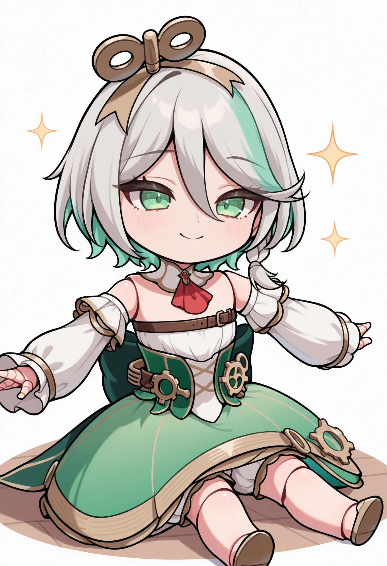 masterpiece, best quality, 1girl, solo, CeciliaDefault, green eyes, winding key hair ornament, doll joints, grey hair, colored inner hair, streaked hair, short hair, side braid, detached collar, red ascot, strapless dress, detached sleeves, chest belt, green corset, gears, green skirt, bloomers, white shorts under skirt, gold trim, sitting, on floor, smile, sparkles, spread arms, chibi, meme, thick lines, simple background, white background, <lora:ChamCeciliaImmergreenIllustriousXL:1>