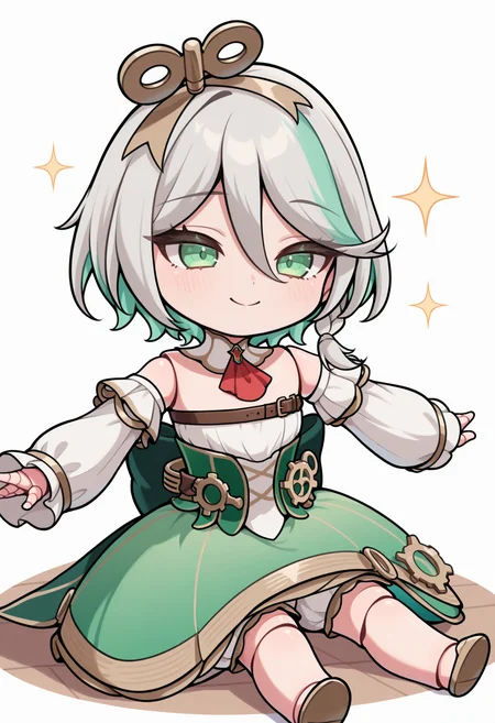 masterpiece, best quality, 1girl, solo, CeciliaDefault, green eyes, winding key hair ornament, doll joints, grey hair, colored inner hair, streaked hair, short hair, side braid, detached collar, red ascot, strapless dress, detached sleeves, chest belt, green corset, gears, green skirt, bloomers, white shorts under skirt, gold trim, sitting, on floor, smile, sparkles, spread arms, chibi, meme, thick lines, simple background, white background, <lora:ChamCeciliaImmergreenIllustriousXL:1>
