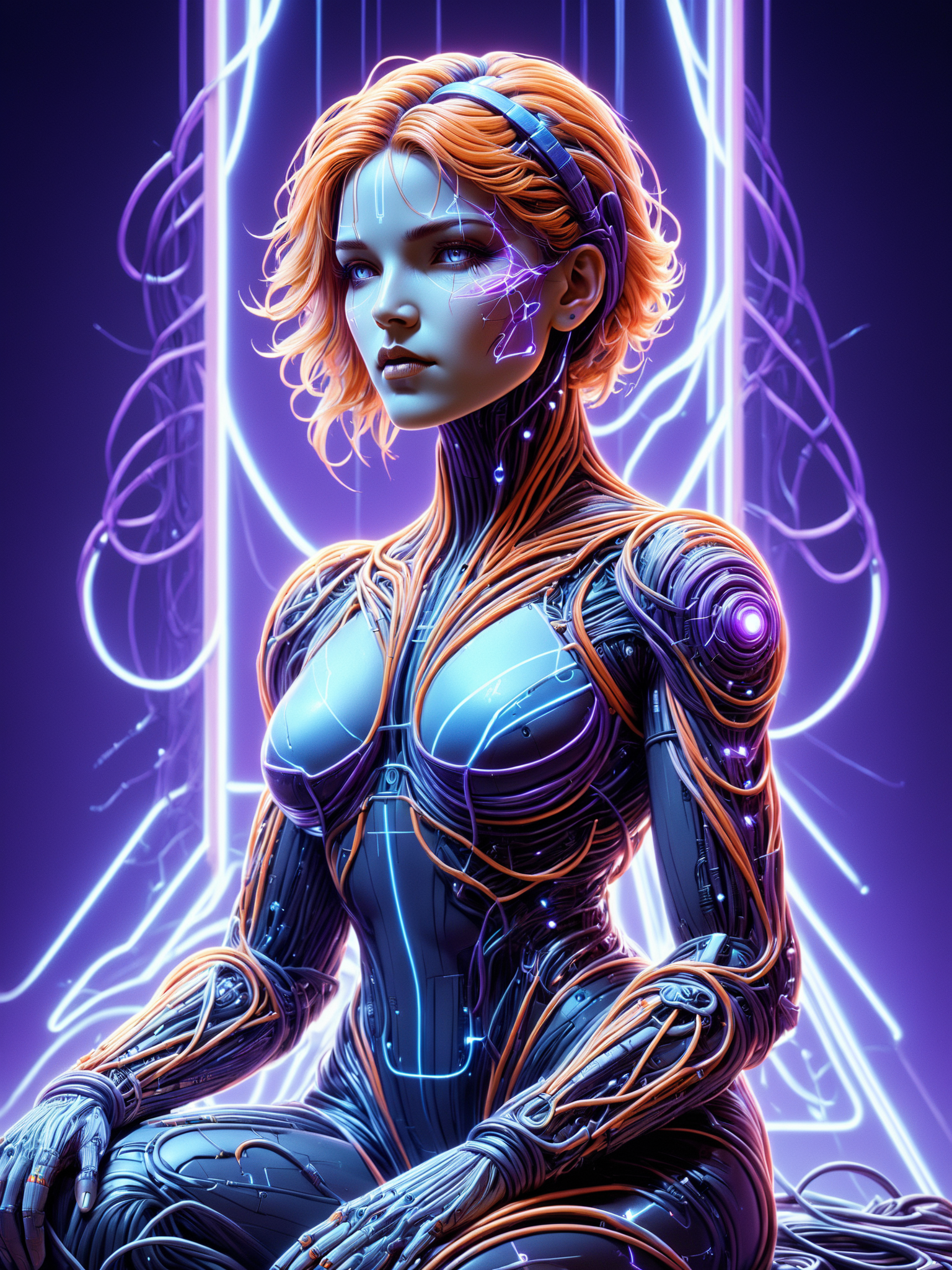 female cyborg made of mad-cable,  in the style of alphonse mucha, geometric pattern in the background, neon_blue lightning, neon_purple lightning, neon_orange lightning, cables, wires, synthwave, vaporwave, retro futurism, Sitting on edge pose   <lora:Cables_SDXL:0.8>  <lora:Neon_Cyberpunk_SDXL_Cyberspace:0.5> mad-cyberspace, cyberpunk, scifi, 1980s, retro <lora:aesthetic:1> aesthetic <lora:sd_xl_dpo_lora_v1:1>, (masterpiece:1.2), best quality, (hyperdetailed, highest detailed:1.2), high resolution textures