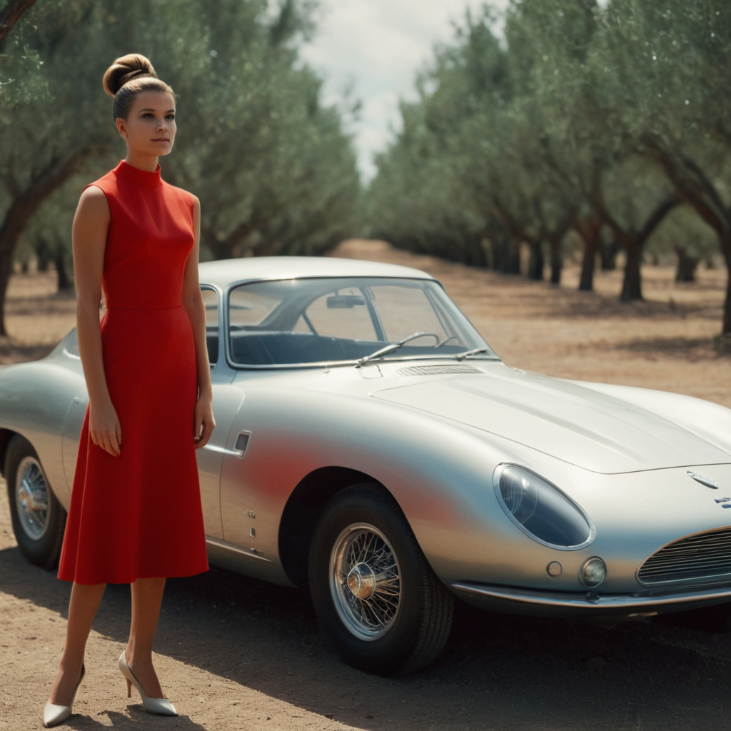cinematic film still of  <lora:1960's style:1>
In the 1960's a woman standing next to a silver futuristic car,1girl,solo,brown hair,dress,outdoors,sleeveless,hair bun,tree,red dress,single hair bun,ground vehicle,motor vehicle,car,vehicle focus,sports car ,realistic,realism, detailed, perfection,perfect,filmic,retro,vintage,classic,different haircut,different look,different style,1960's style , 1960 style, shallow depth of field, vignette, highly detailed, high budget, bokeh, cinemascope, moody, epic, gorgeous, film grain, grainy