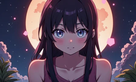 Flat colour anime style image showing an adult woman with an interesting background