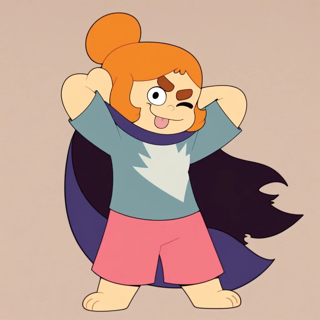 score_9, solo, kelsey_p, thick eyebrows, orange hair, single hair bun, cape, shirt, shorts, hands behind head, one eye closed, tongue